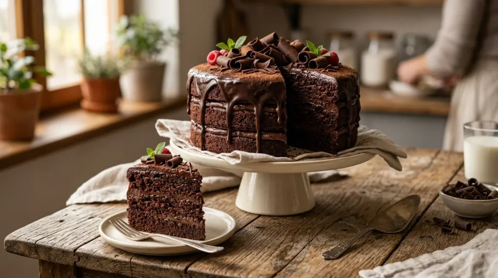Three-layer homemade chocolate cake with glossy chocolate ganache, a sliced piece revealing a moist crumb, chocolate curls, and cocoa powder on a rustic wooden table in warm natural light.