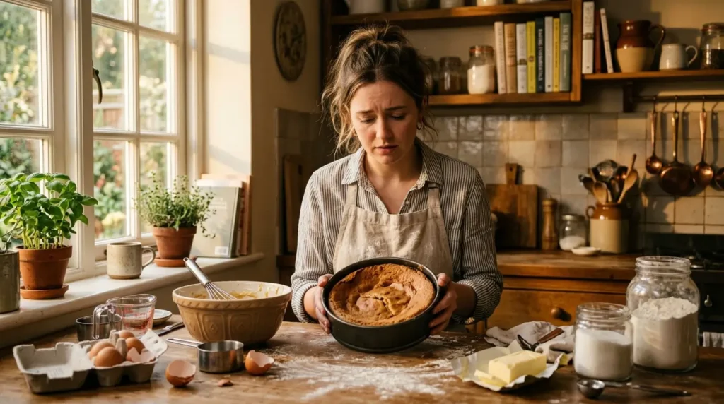 Beginner baker holding a cake that has collapsed in the center in a cozy kitchen, with baking ingredients on a wooden countertop and warm sunlight creating a realistic home baking scene.