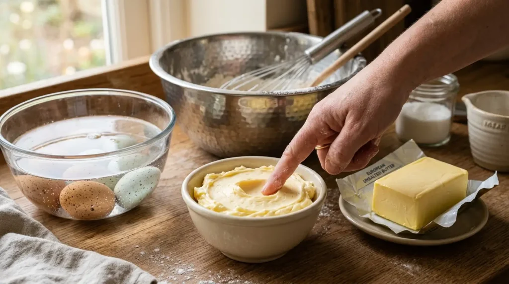 Close-up of softened and cold butter with a finger pressing into softened butter, eggs in warm water, and baking tools on a countertop in a bright, realistic kitchen.