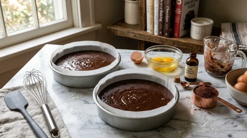 Two parchment-lined cake pans filled with chocolate batter on a marble countertop, surrounded by baking tools and ingredients in a bright, realistic home kitchen.