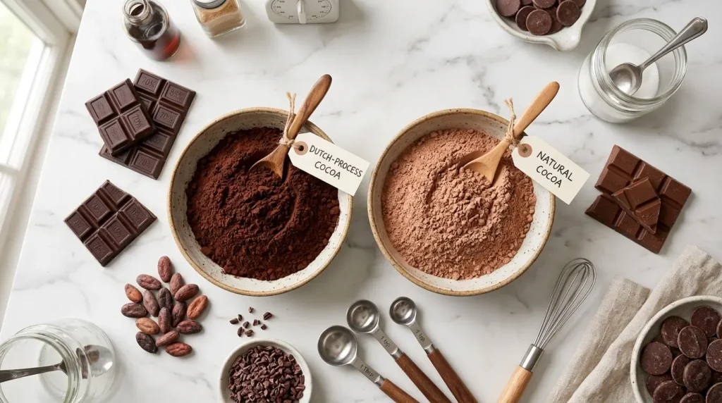 Overhead view of dark Dutch-process cocoa and light natural cocoa powder in separate bowls, surrounded by chocolate bars, cocoa beans, and baking tools on a marble countertop.