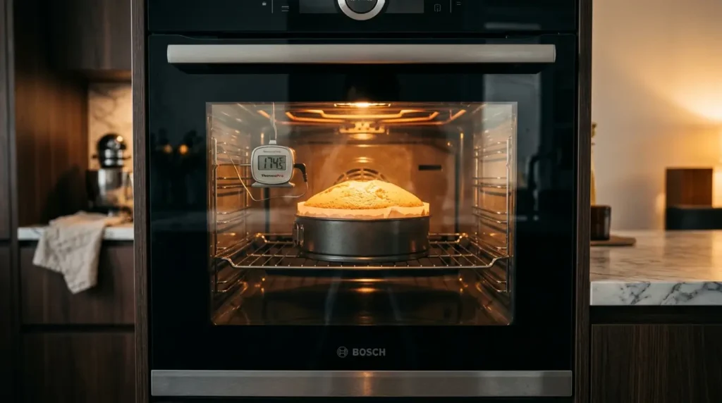 Modern oven with the door closed, showing a cake rising evenly inside beside a digital oven thermometer under warm baking light.