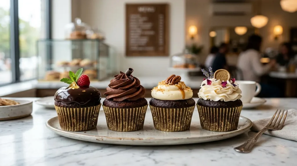 Four chocolate cupcakes with glossy ganache, chocolate buttercream, cream cheese frosting, and Swiss meringue buttercream displayed on a marble countertop in a luxury bakery-style setting.