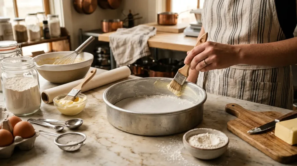 Round cake pan greased with butter and lined with parchment paper, with baking ingredients and tools neatly arranged on a marble countertop in a bright kitchen.