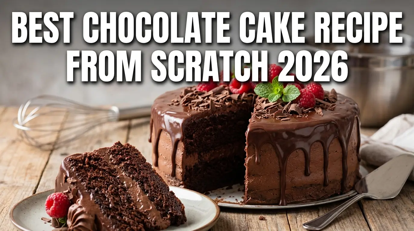 Realistic YouTube thumbnail featuring a rich homemade chocolate cake with bold text “Best Chocolate Cake Recipe From Scratch 2026” in a high-contrast, eye-catching baking design.