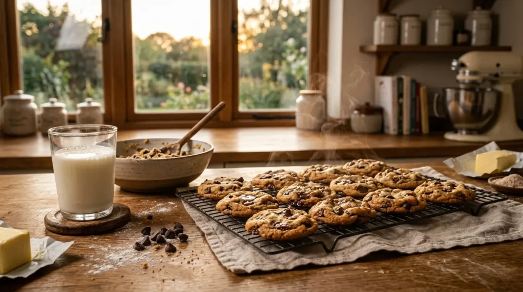 Freshly baked chocolate chip cookies cooling on a wire rack with a glass of milk, baking ingredients, and gooey melted chocolate on a rustic kitchen countertop in warm evening light.