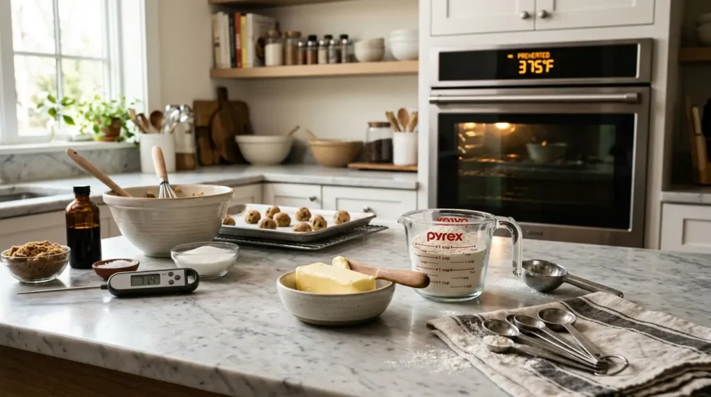 Baking workstation with softened butter, flour, measuring tools, and a preheated oven, neatly arranged on a marble countertop in a bright, realistic kitchen.