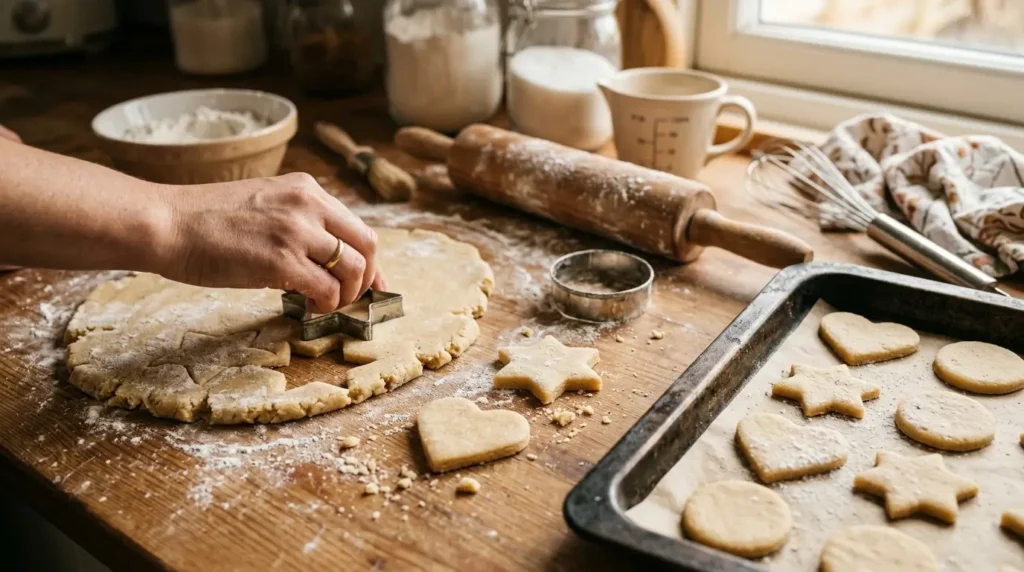 Fresh cookie dough rolled on a floured wooden surface with star, heart, and round cookie cutters, rolling pin, and baking tray in a warm home kitchen.