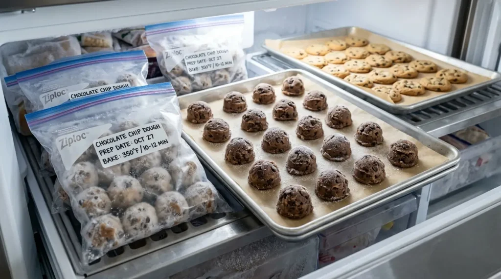 Chocolate chip cookie dough balls arranged on a freezer tray with labeled freezer bags nearby and freshly baked cookies in the background, showcasing organized cookie dough storage