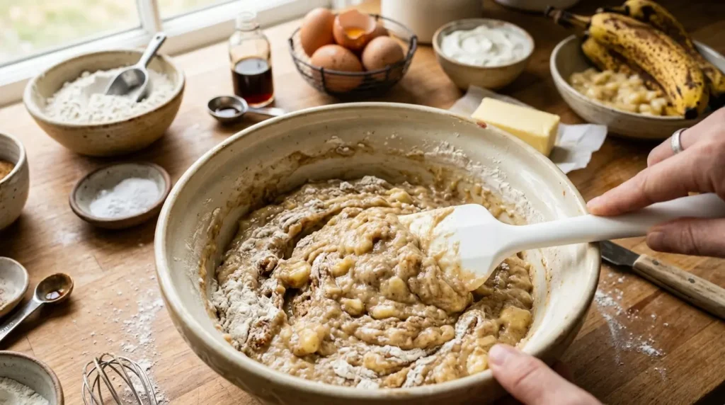 Thick banana bread batter being gently folded with a silicone spatula in a mixing bowl, with ripe bananas and baking ingredients on a wooden countertop in bright natural light.