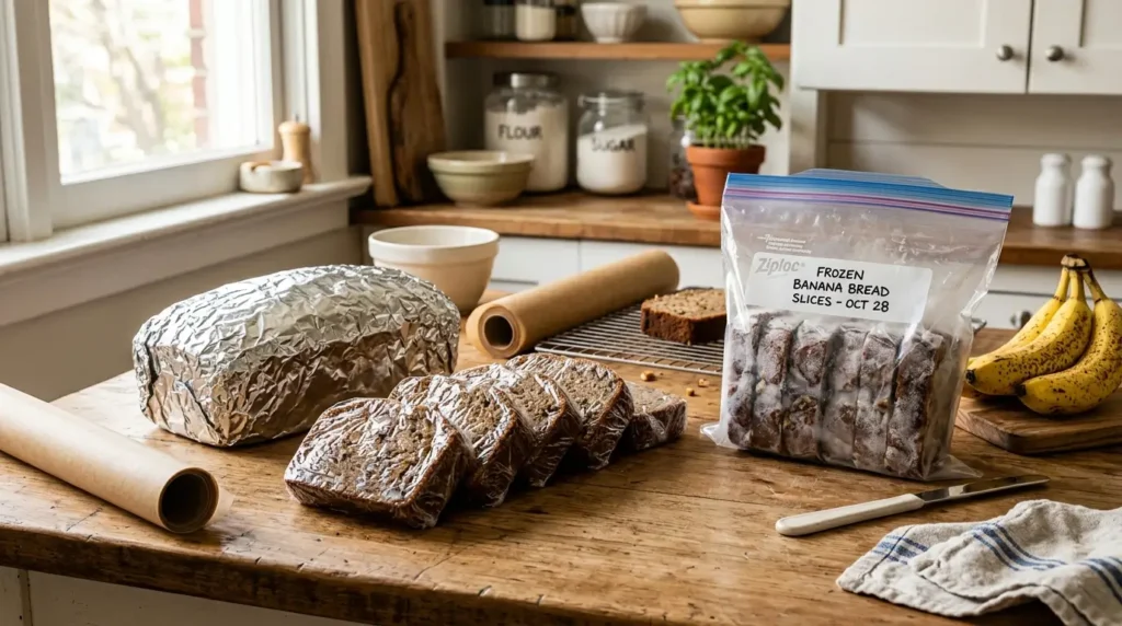 Sliced and whole banana bread wrapped for storage beside freezer bags, parchment paper, and fresh bananas on a wooden kitchen countertop in bright natural light.
