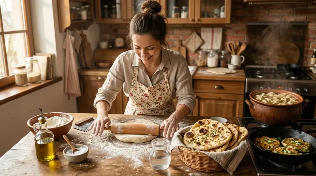 A home cook rolling fresh dough on a wooden countertop in a rustic farmhouse kitchen, surrounded by flour, water, olive oil, and salt, with warm sunlight streaming in and flour dust floating in the air. Nearby are freshly baked golden flatbreads in a basket, savory pancakes in a skillet, and dumplings simmering in broth, creating a cozy, highly realistic homemade cooking scene.