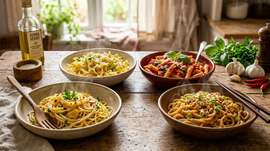 A rustic kitchen table displaying a collection of easy pantry pasta dishes in elegant ceramic bowls, including aglio e olio spaghetti with garlic and parsley, buttered noodles with black pepper, classic tomato sauce pasta, and creamy peanut noodles, with steam rising and olive oil glistening under warm natural window light in a highly detailed, editorial food photography style.