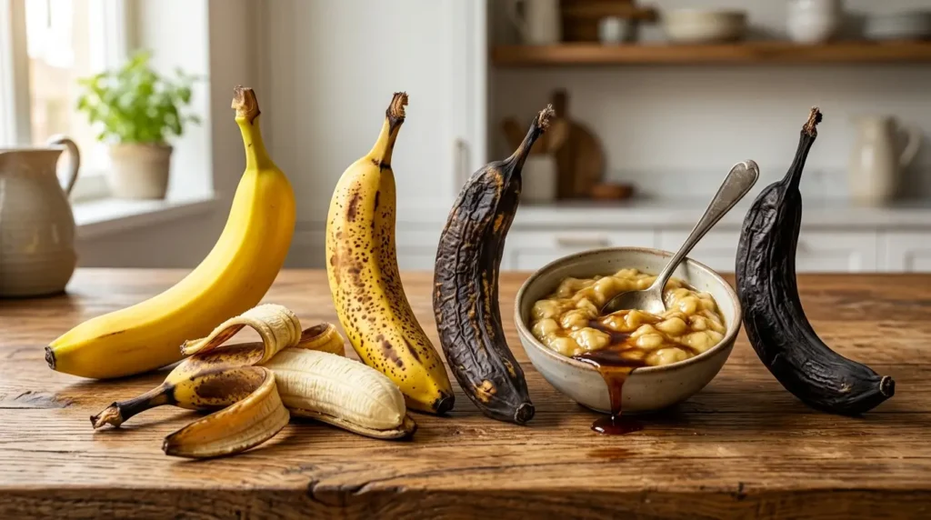 Four bananas at different ripeness stages beside a bowl of mashed bananas on a wooden kitchen countertop, showing the best banana ripeness for baking in warm natural light.