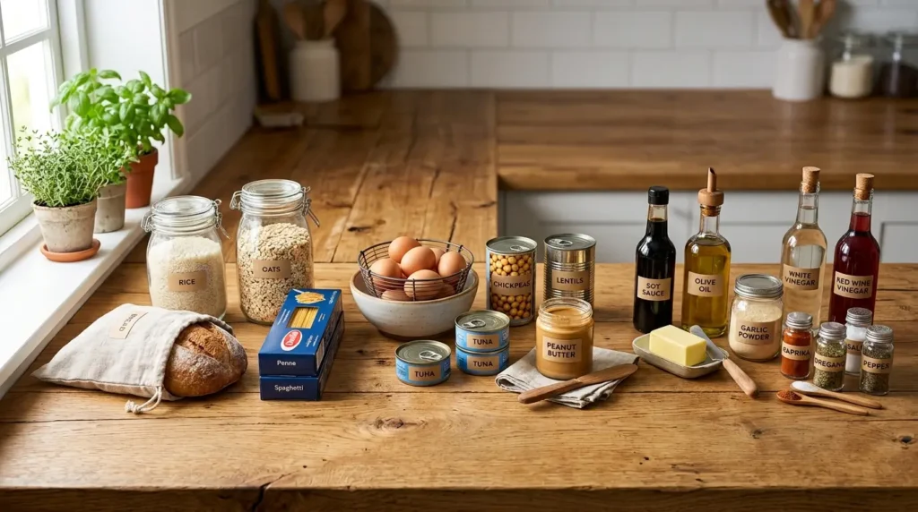 Wooden kitchen counter neatly organized with pantry essentials grouped into grains, proteins, and seasonings in a clean, realistic flat lay under bright natural daylight.